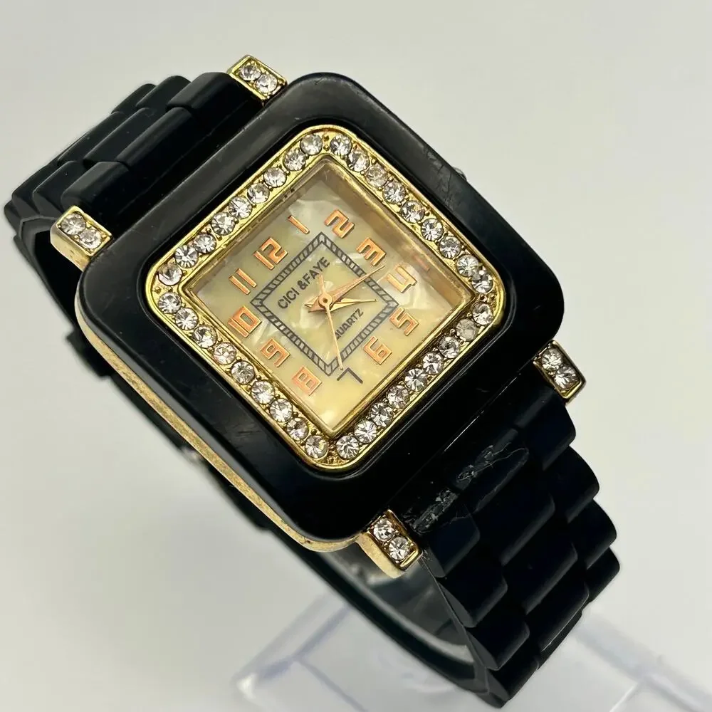 Cici & Faye Square Dial Crystal Bezel Black Silicon Band Watch New Battery